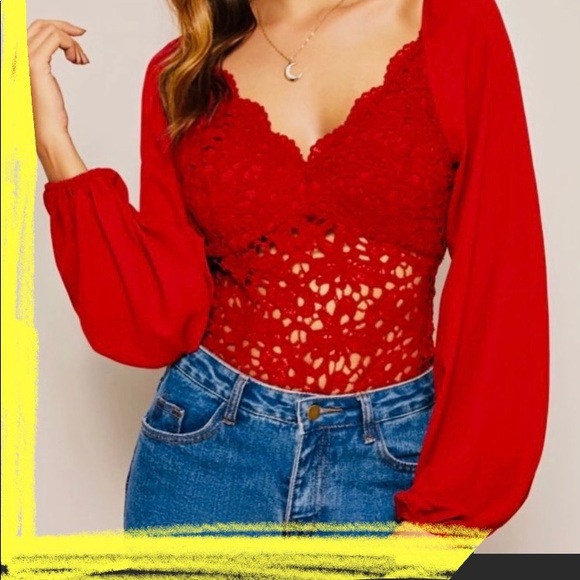 Tops - NEW Boutique! Red Lace Crochet V Neck Bustier Top